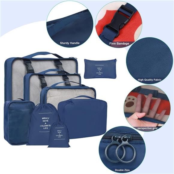 8 Set Packing Cubes Suitcases Blue Travel Luggage Packing Organizers Laundry Bag - Picture 3 of 6